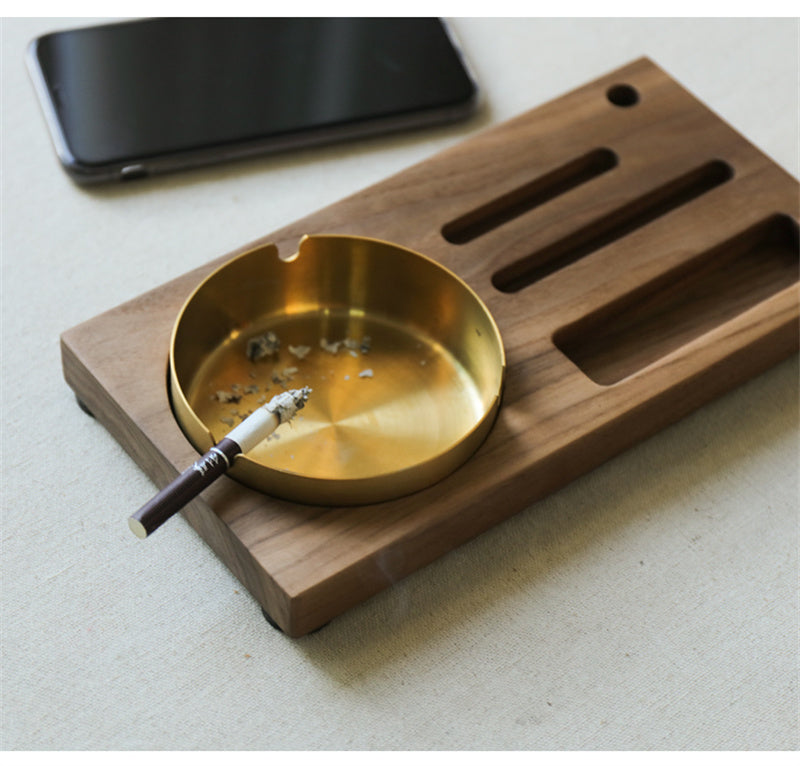 Black Walnut Wood Multi - Functional Ashtray , Desktop Organizer with Phone Stand and Storage Slots