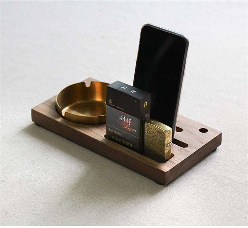 Black Walnut Wood Multi - Functional Ashtray , Desktop Organizer with Phone Stand and Storage Slots