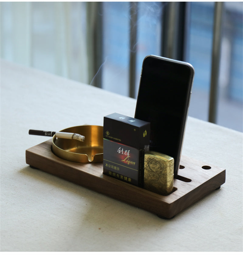 Black Walnut Wood Multi - Functional Ashtray , Desktop Organizer with Phone Stand and Storage Slots