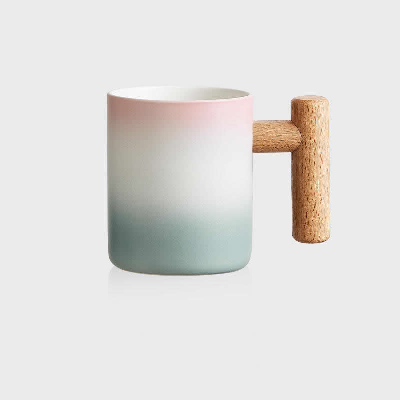 Classic Gradient Ceramic Mug with Wooden Handle - Artistic Elegant Drinkware