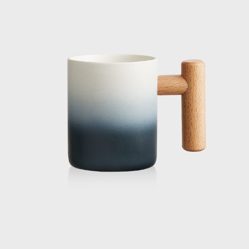 Classic Gradient Ceramic Mug with Wooden Handle - Artistic Elegant Drinkware