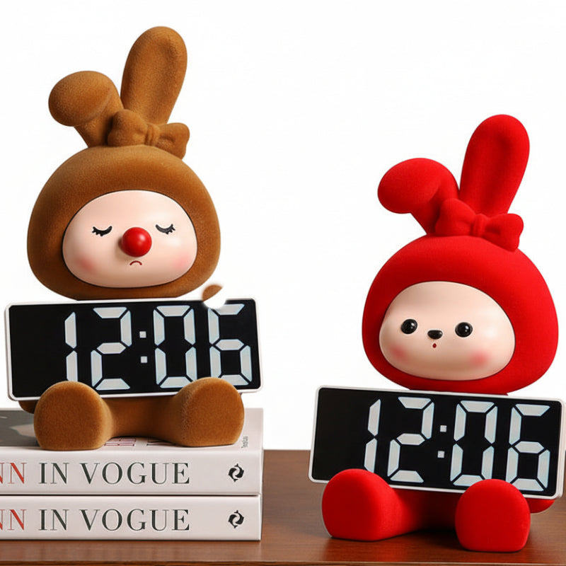 Cute Bunny Character Digital Clock - Rabbit&Cat Desktop Alarm Clock with LED Display