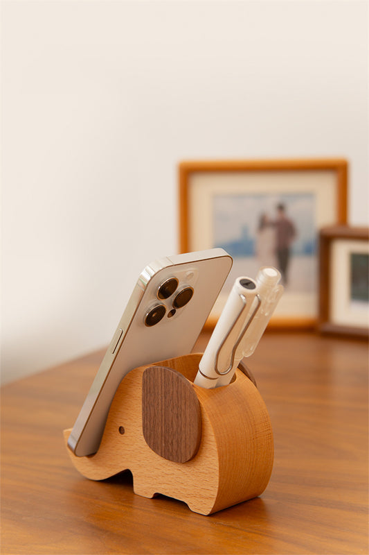 Exquisite Wooden Elephant Pen Holder with Phone Stand -  Desk Organizer