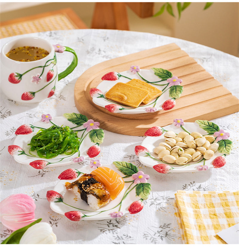 3D Hand-Painted Strawberry Ceramic Cup,Artisanal Tea/Coffee Tableware with Dessert Plate