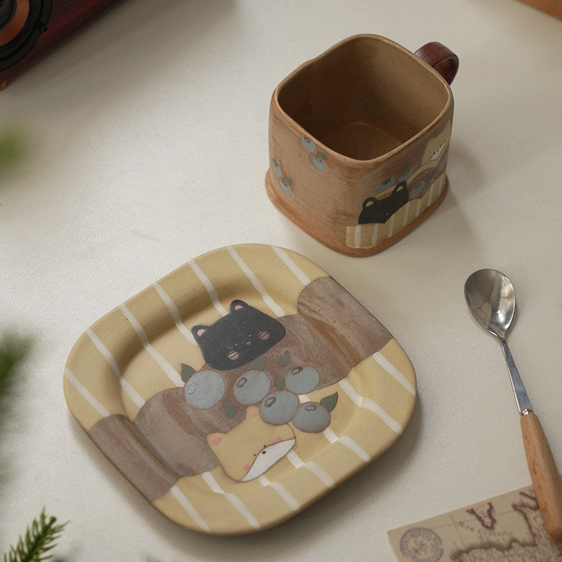 Hand-Painted Square Ceramic Mug with Cute Animal  - Artisanal Coffee & Tea Cup