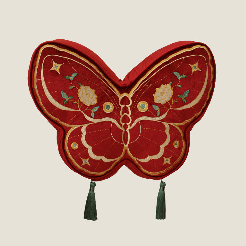 Butterfly Embroidered Throw Pillow, Red & Gold Decorative Cushion with Tassels
