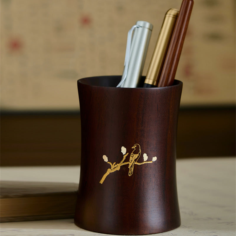 Bird & Plum Blossom Solid Wood Pen Holde, Retro Office Stationery Organizer