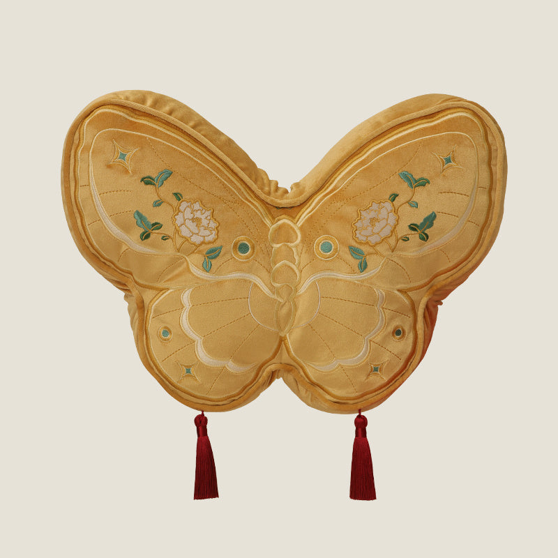 Butterfly Embroidered Throw Pillow, Red & Gold Decorative Cushion with Tassels