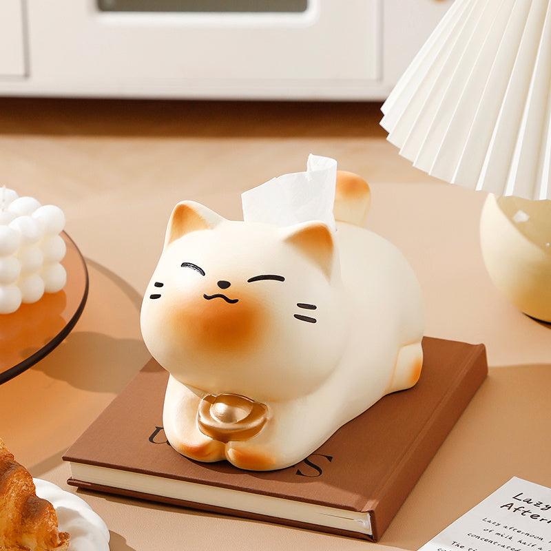 Chubby Lucky Cat Tissue Box, Cute Plump Cat  Desktop Tissue Holder Decor