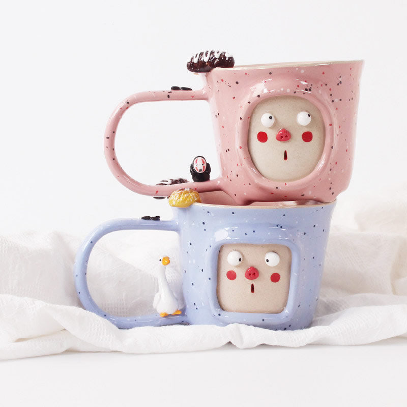 Hand-Painted Cute Face Ceramic Mug Set - 3D Decorative Coffee & Tea Cups