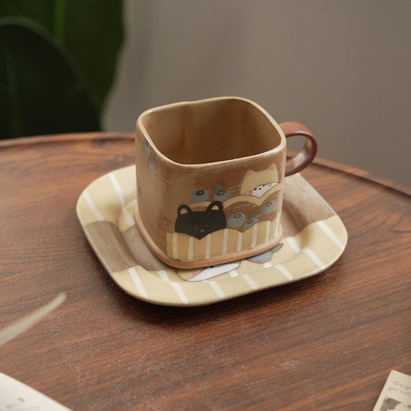 Hand-Painted Square Ceramic Mug with Cute Animal  - Artisanal Coffee & Tea Cup