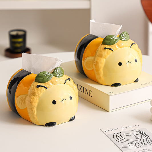 Chubby Bee Ceramic Tissue Box, Cute Striped Bee Desktop Tissue Holder