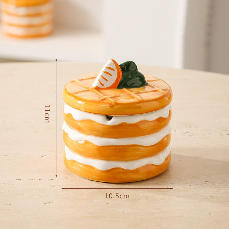 Cute Stacked Pancake Ceramic Storage Jar, 2-in-1 Covered Ashtray & Jewelry Trinket Box, Waffle Lid Fruit Decor Dessert Shaped Table Decor, Novelty Food Themed Gift