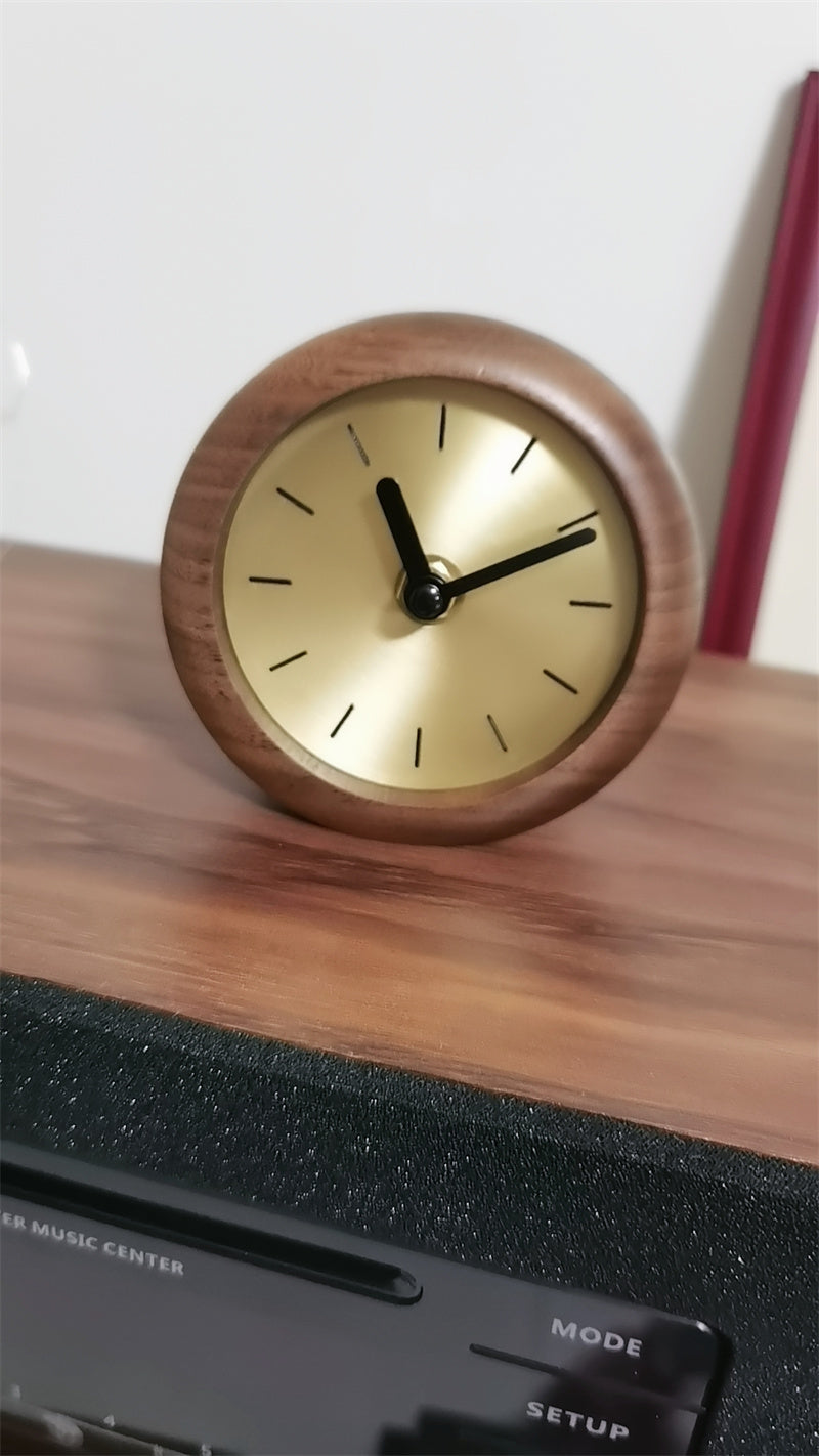 Black Walnut Wood & Brass Mini Table Clock, Minimalist Retro Desk Timepiece