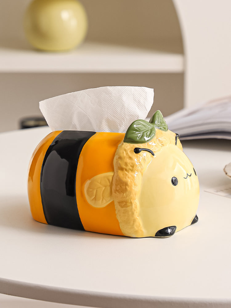 Chubby Bee Ceramic Tissue Box, Cute Striped Bee Desktop Tissue Holder