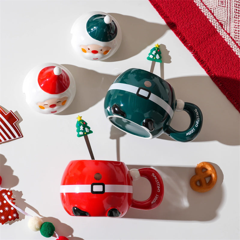 Santa - Shaped Christmas Ceramic Mug with Lid , Festive Holiday Drinkware
