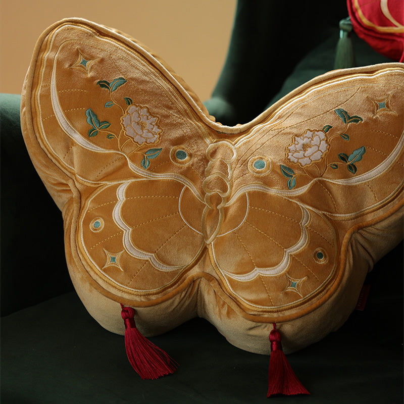 Butterfly Embroidered Throw Pillow, Red & Gold Decorative Cushion with Tassels