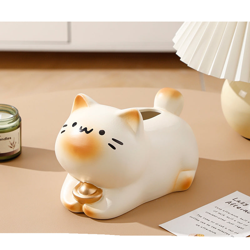 Chubby Lucky Cat Tissue Box, Cute Plump Cat  Desktop Tissue Holder Decor