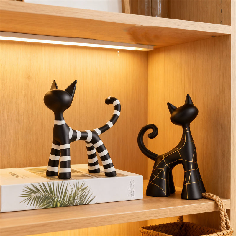 Abstract Art Black Cat Decorative Figurines -  Funny Ornaments for Home Shelves, Desks & Display Cabinets