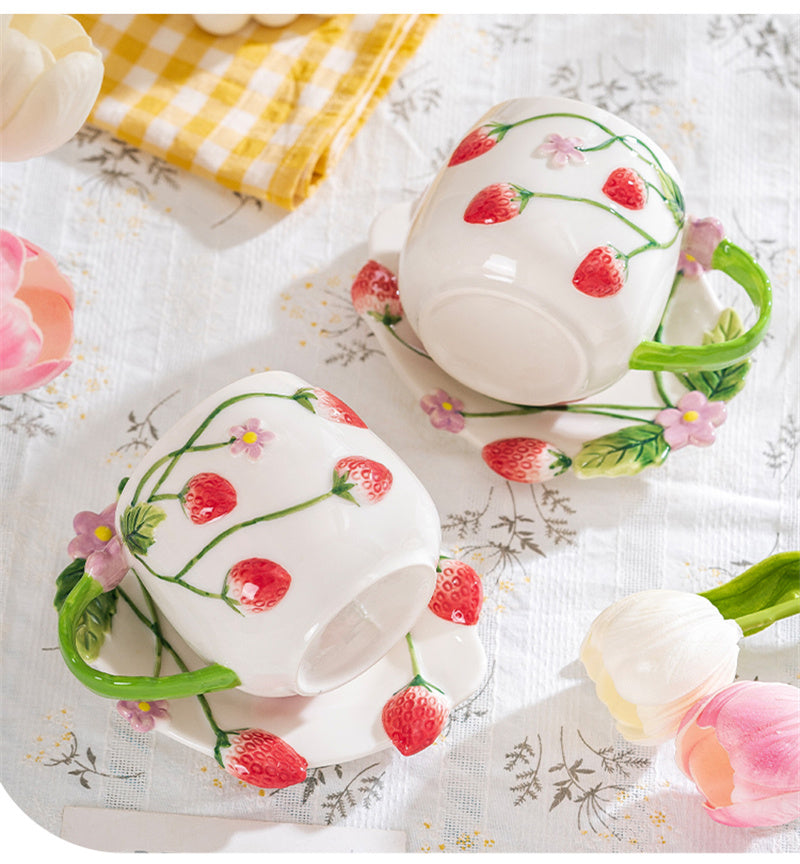 3D Hand-Painted Strawberry Ceramic Cup,Artisanal Tea/Coffee Tableware with Dessert Plate