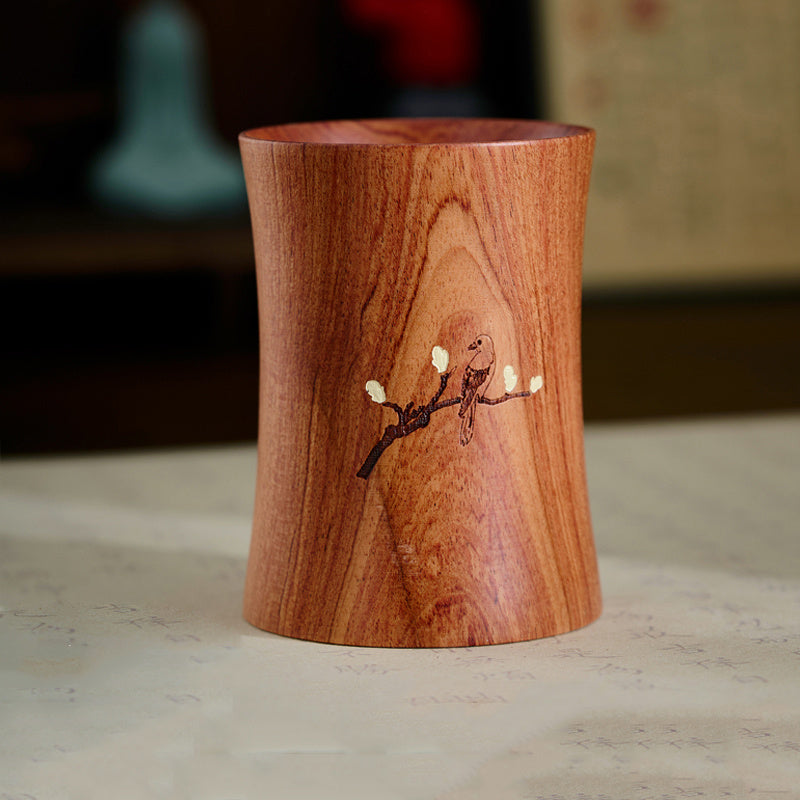 Bird & Plum Blossom Solid Wood Pen Holde, Retro Office Stationery Organizer