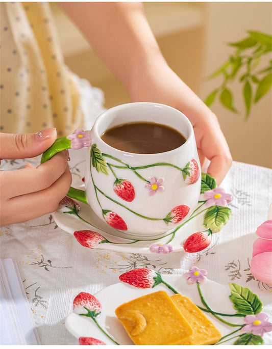 3D Hand-Painted Strawberry Ceramic Cup,Artisanal Tea/Coffee Tableware with Dessert Plate
