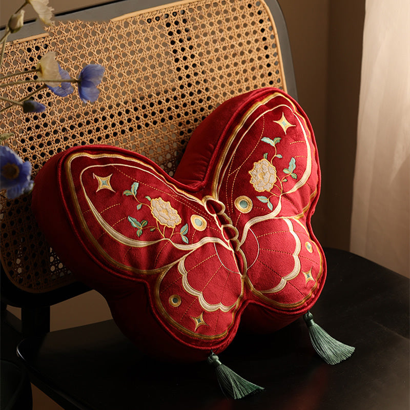 Butterfly Embroidered Throw Pillow, Red & Gold Decorative Cushion with Tassels