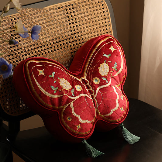Butterfly Embroidered Throw Pillow, Red & Gold Decorative Cushion with Tassels