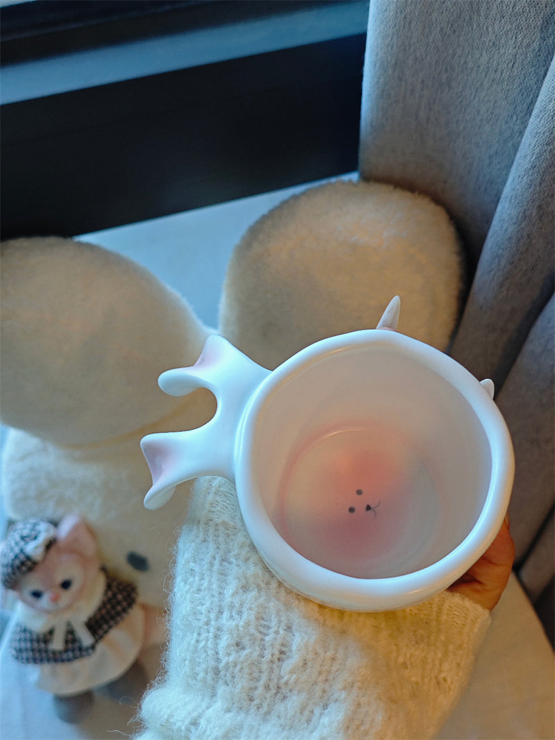 Bunny Ear Ceramic Mug,  Minimalist Cute Coffee Cup with Pink Ear Details, Premium Gift for Women