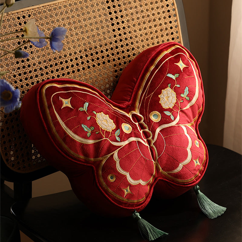 Butterfly Embroidered Throw Pillow, Red & Gold Decorative Cushion with Tassels