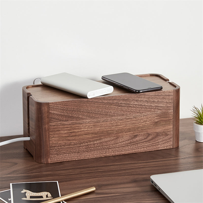 Black Walnut Wood Cable Management Box, Desktop Wire Organizer with Lid for Socket & Cord Storage
