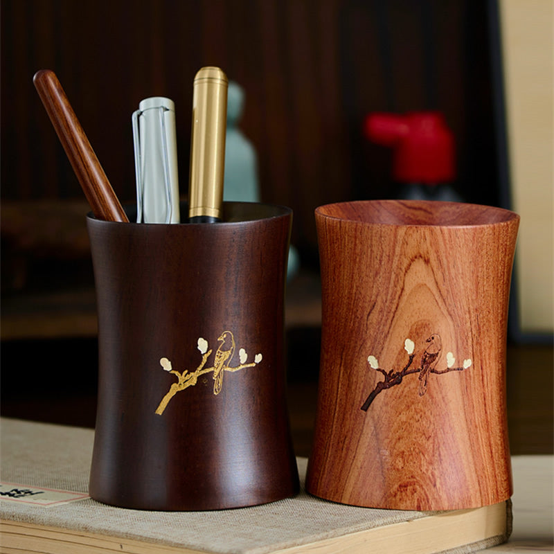 Bird & Plum Blossom Solid Wood Pen Holde, Retro Office Stationery Organizer