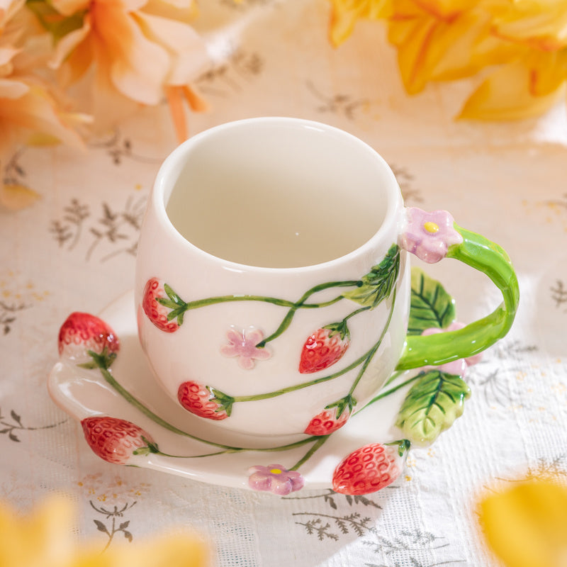 3D Hand-Painted Strawberry Ceramic Cup,Artisanal Tea/Coffee Tableware with Dessert Plate