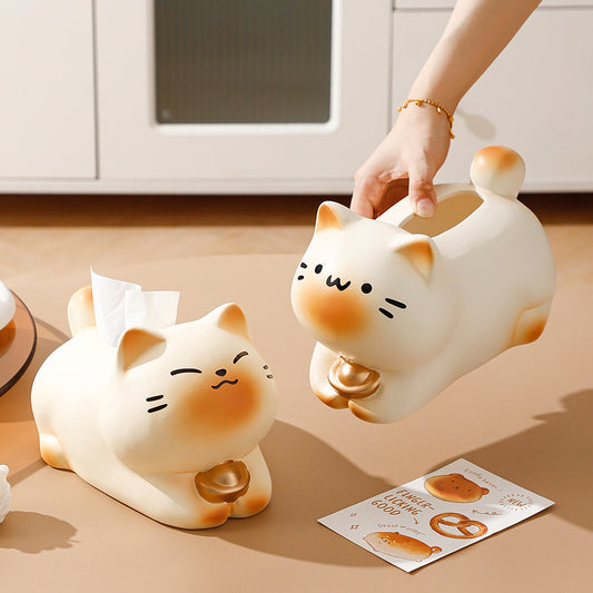 Chubby Lucky Cat Tissue Box, Cute Plump Cat  Desktop Tissue Holder Decor