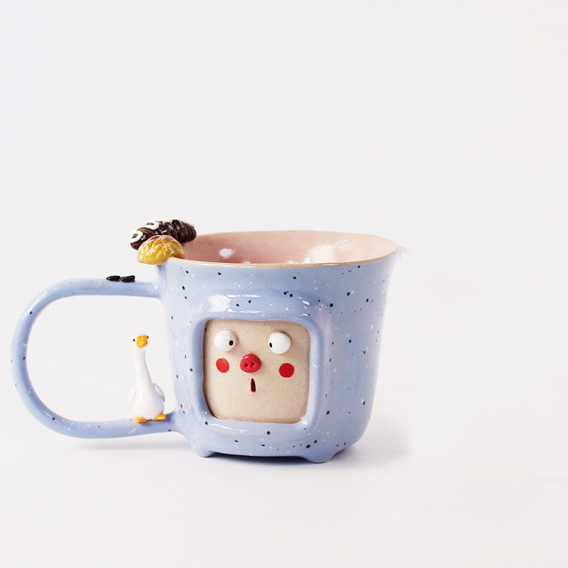 Hand-Painted Cute Face Ceramic Mug Set - 3D Decorative Coffee & Tea Cups