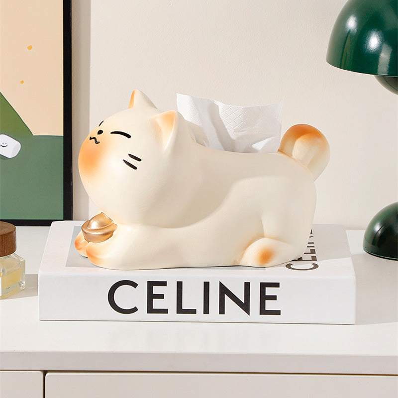 Chubby Lucky Cat Tissue Box, Cute Plump Cat  Desktop Tissue Holder Decor