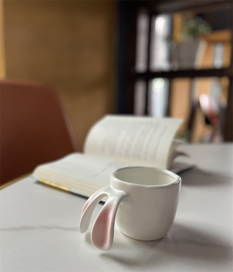 Bunny Ear Ceramic Mug,  Minimalist Cute Coffee Cup with Pink Ear Details, Premium Gift for Women