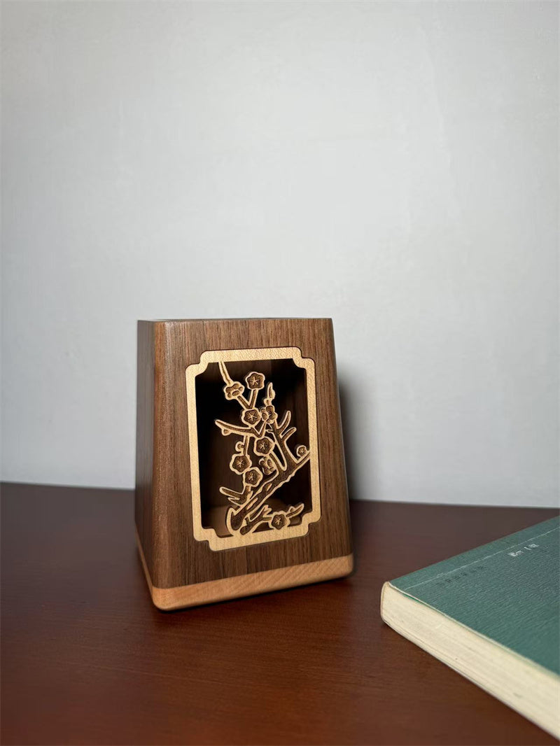Black Walnut Wood Pen Holder with Plum Blossom Carving, Creative Desk Organizer