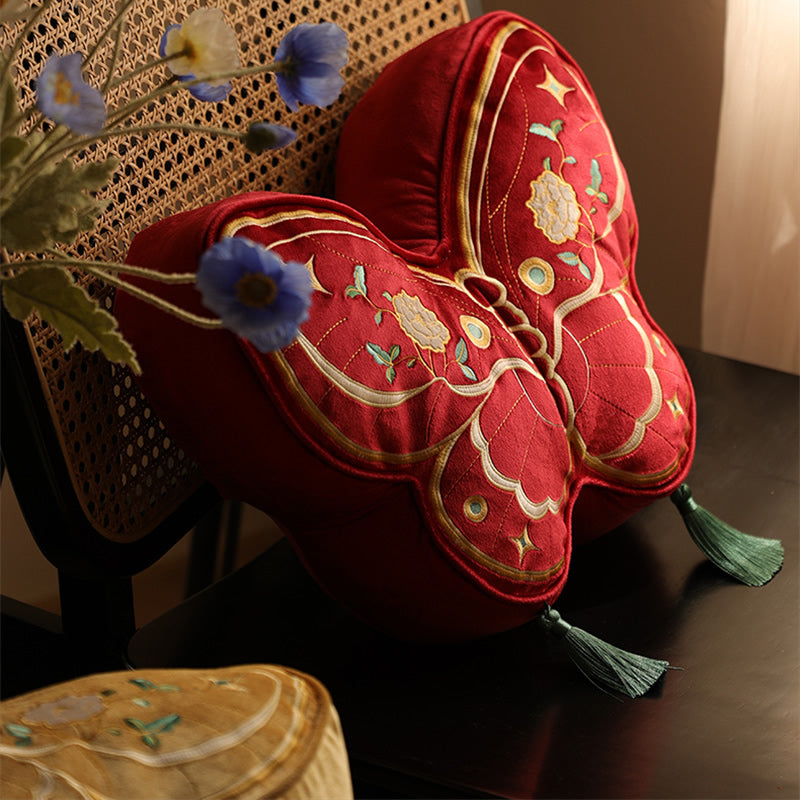 Butterfly Embroidered Throw Pillow, Red & Gold Decorative Cushion with Tassels