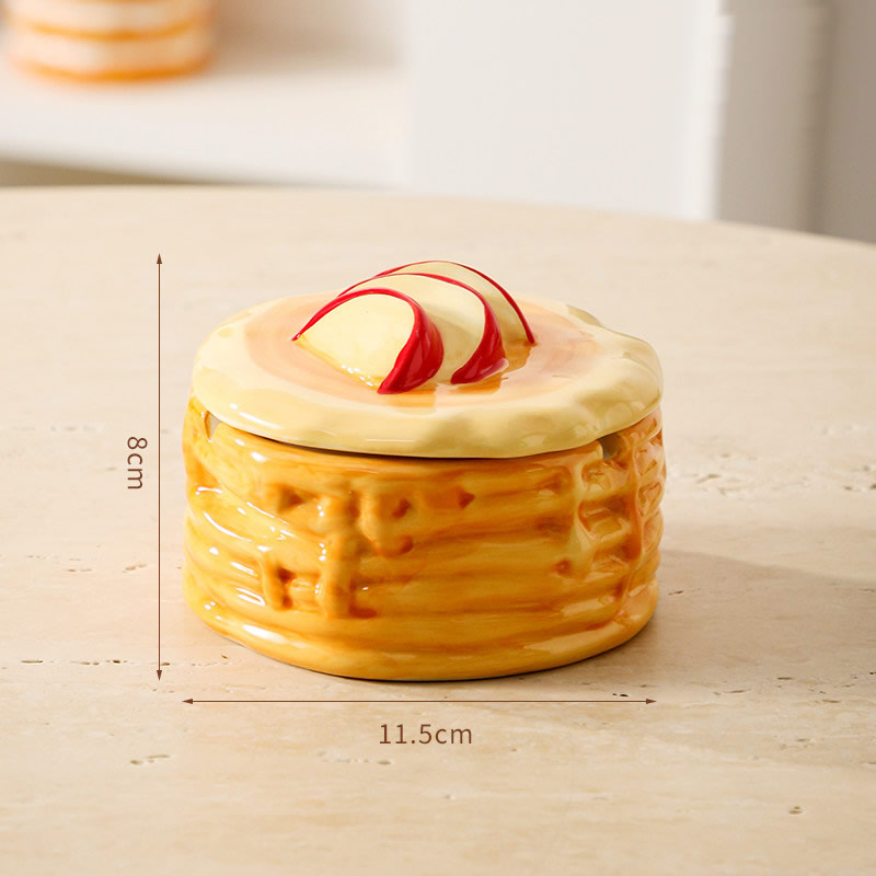 Cute Stacked Pancake Ceramic Storage Jar, 2-in-1 Covered Ashtray & Jewelry Trinket Box, Waffle Lid Fruit Decor Dessert Shaped Table Decor, Novelty Food Themed Gift