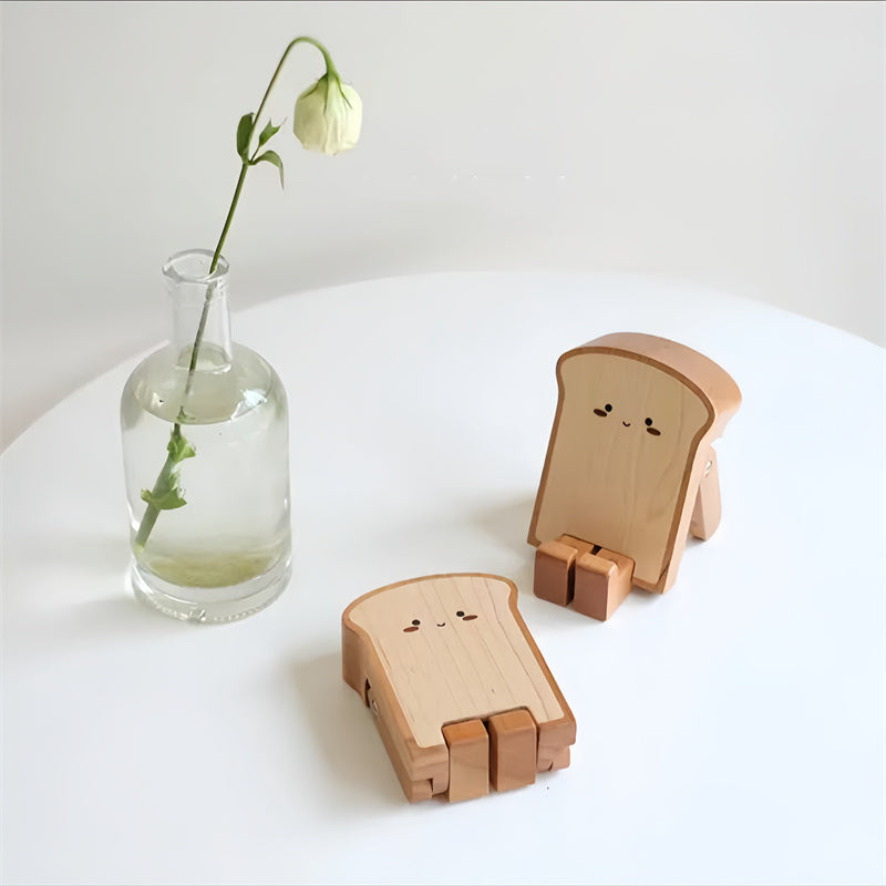 Cute Wooden Toast - Shaped Phone Stand, Foldable Desk Phone Holder with Cartoon Design