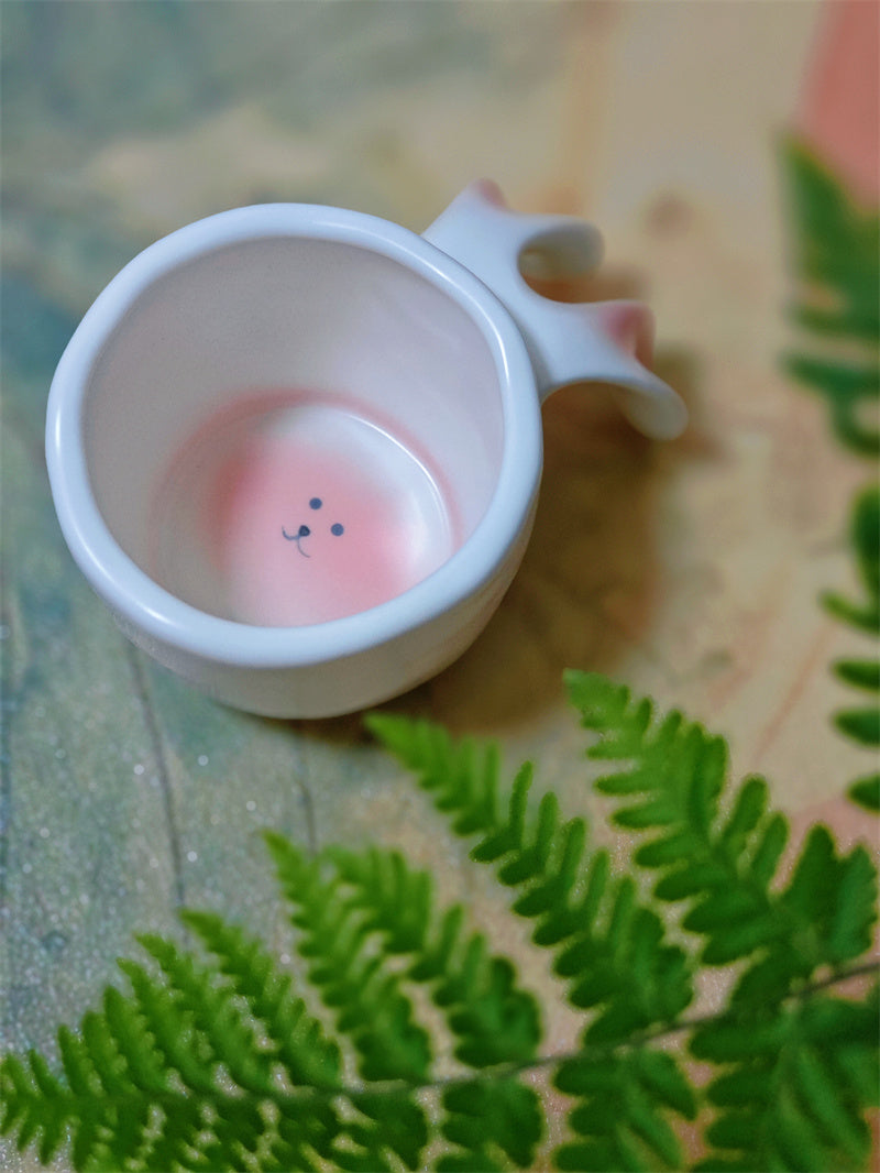 Bunny Ear Ceramic Mug,  Minimalist Cute Coffee Cup with Pink Ear Details, Premium Gift for Women