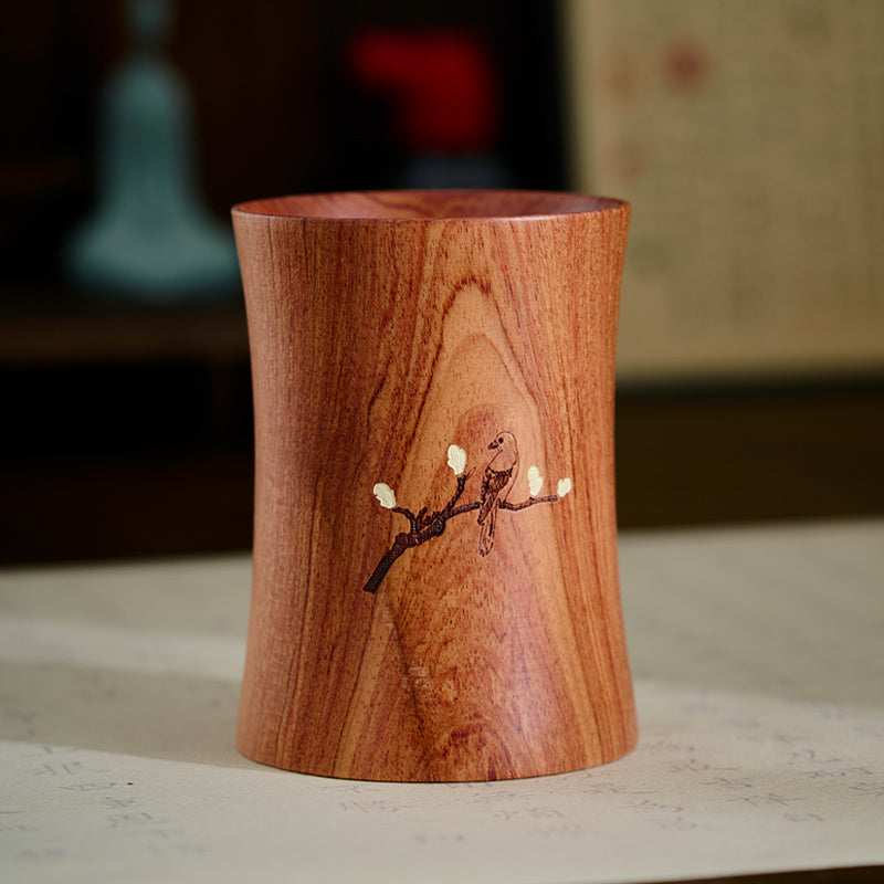 Bird & Plum Blossom Solid Wood Pen Holde, Retro Office Stationery Organizer