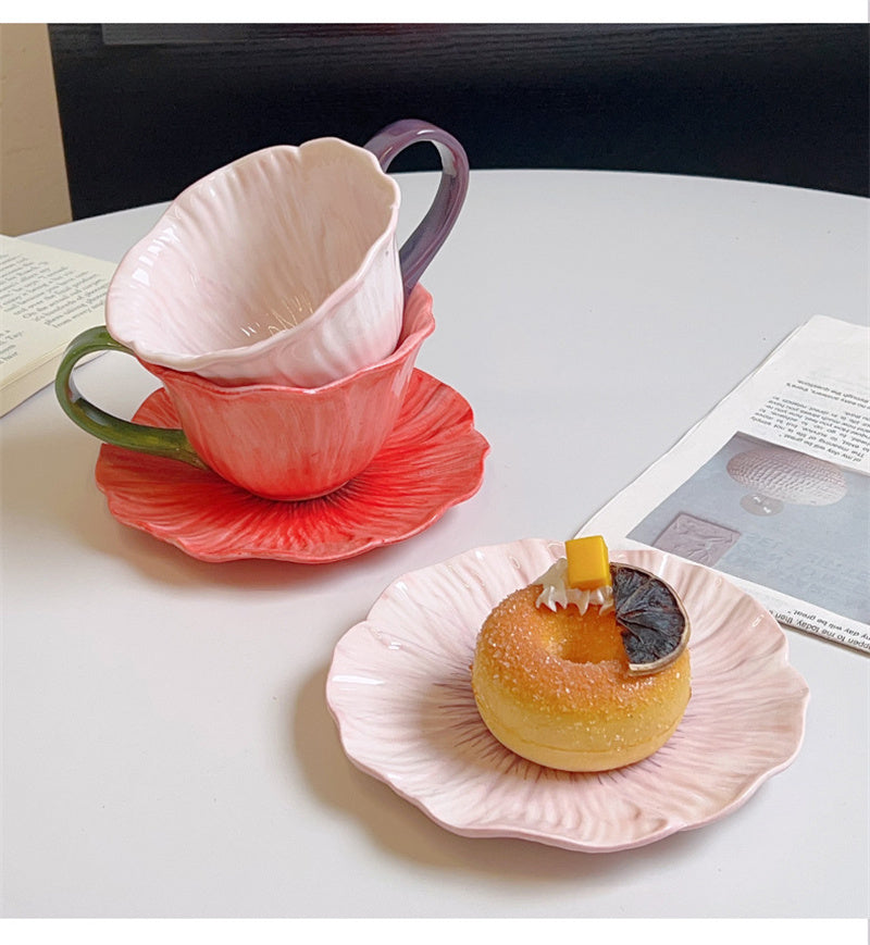 Flower-Shaped Ceramic Cup, High-Value Ins-Style Tableware for Coffee/Tea & Dessert