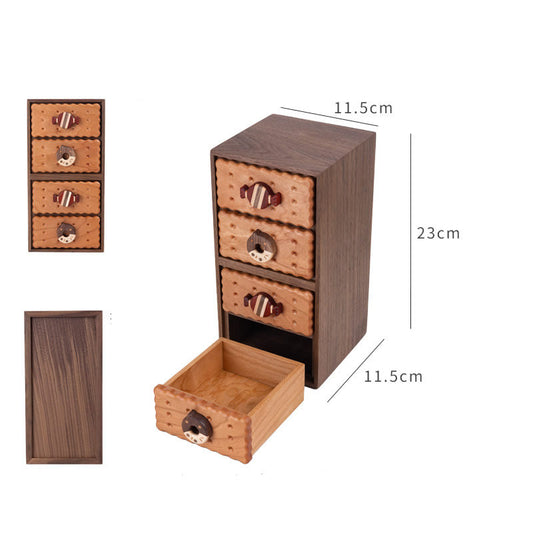 Cute Cookie Walnut Wood Mini Drawer Cabinet - Desktop Organizer for Jewelry & Small Items