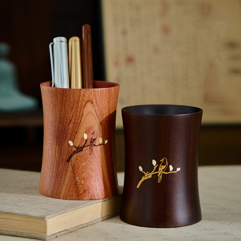 Bird & Plum Blossom Solid Wood Pen Holde, Retro Office Stationery Organizer
