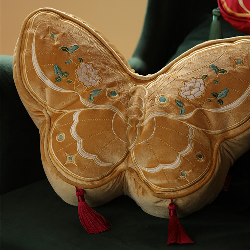 Butterfly Embroidered Throw Pillow, Red & Gold Decorative Cushion with Tassels