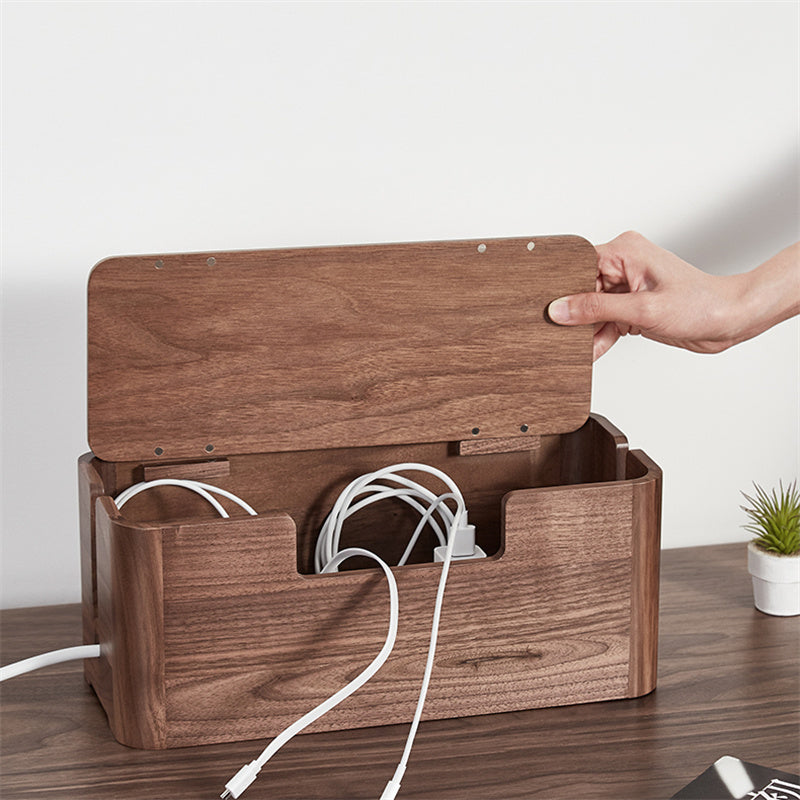 Black Walnut Wood Cable Management Box, Desktop Wire Organizer with Lid for Socket & Cord Storage