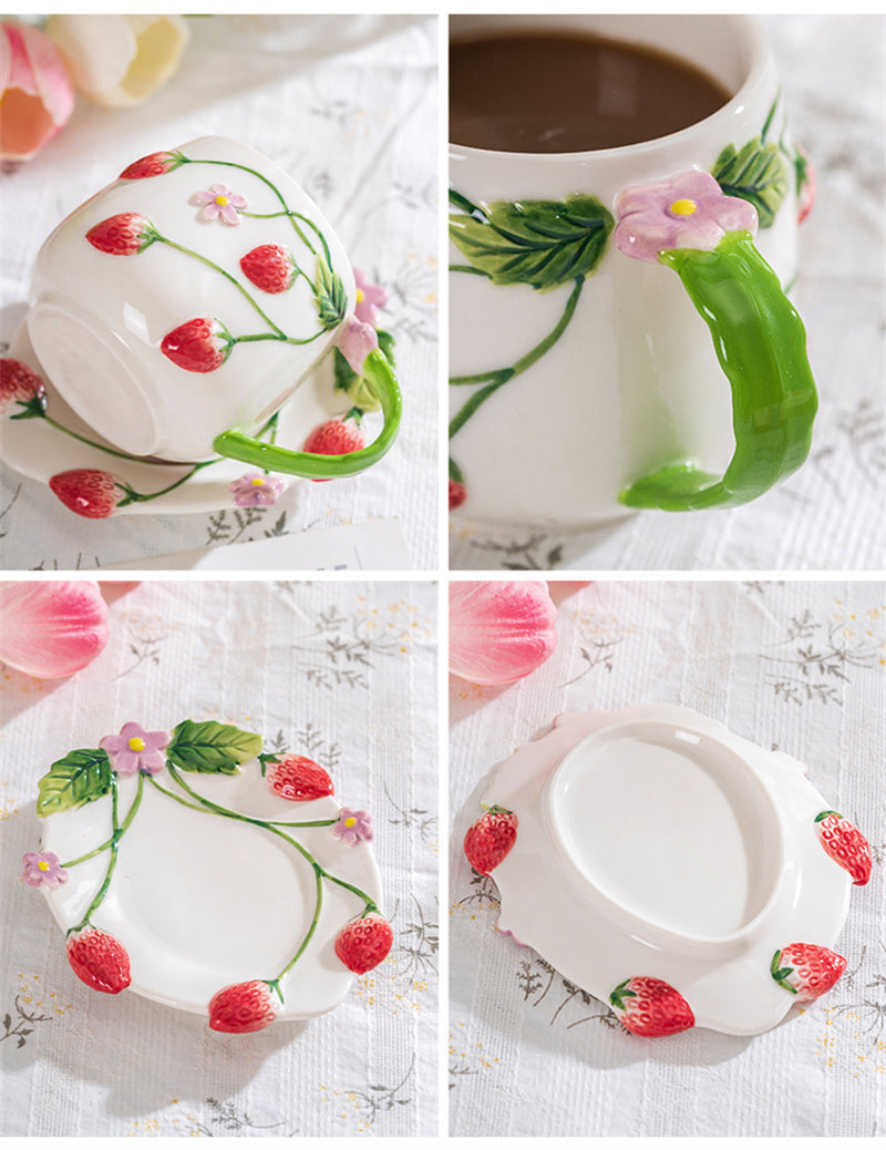3D Hand-Painted Strawberry Ceramic Cup,Artisanal Tea/Coffee Tableware with Dessert Plate