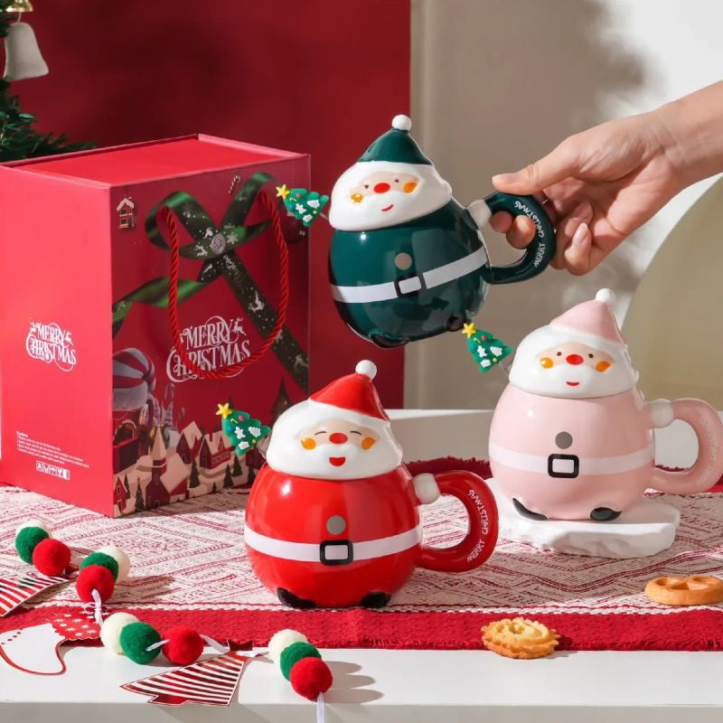 Santa - Shaped Christmas Ceramic Mug with Lid , Festive Holiday Drinkware